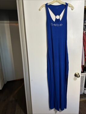 bebe Blue Sleeveless Maxi Dress with Rhinestone Logo